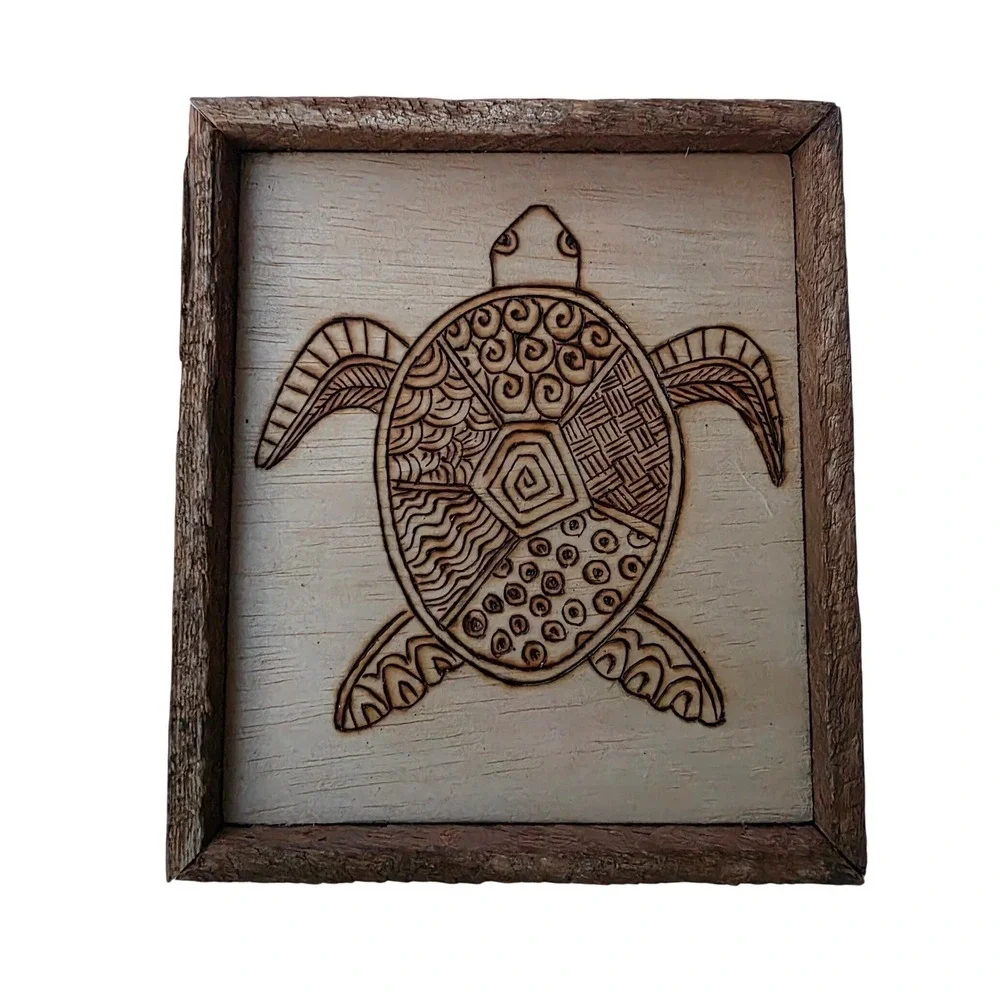 Handmade Wood Burned Sea Turtle Wall Art Rustic Reclaimed Wood Frame Pyrograp E3